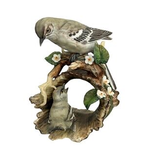 Masterpiece Porcelain Mockingbird Vintage Homco 1979 Mom & Baby Bird Figurine 6"
